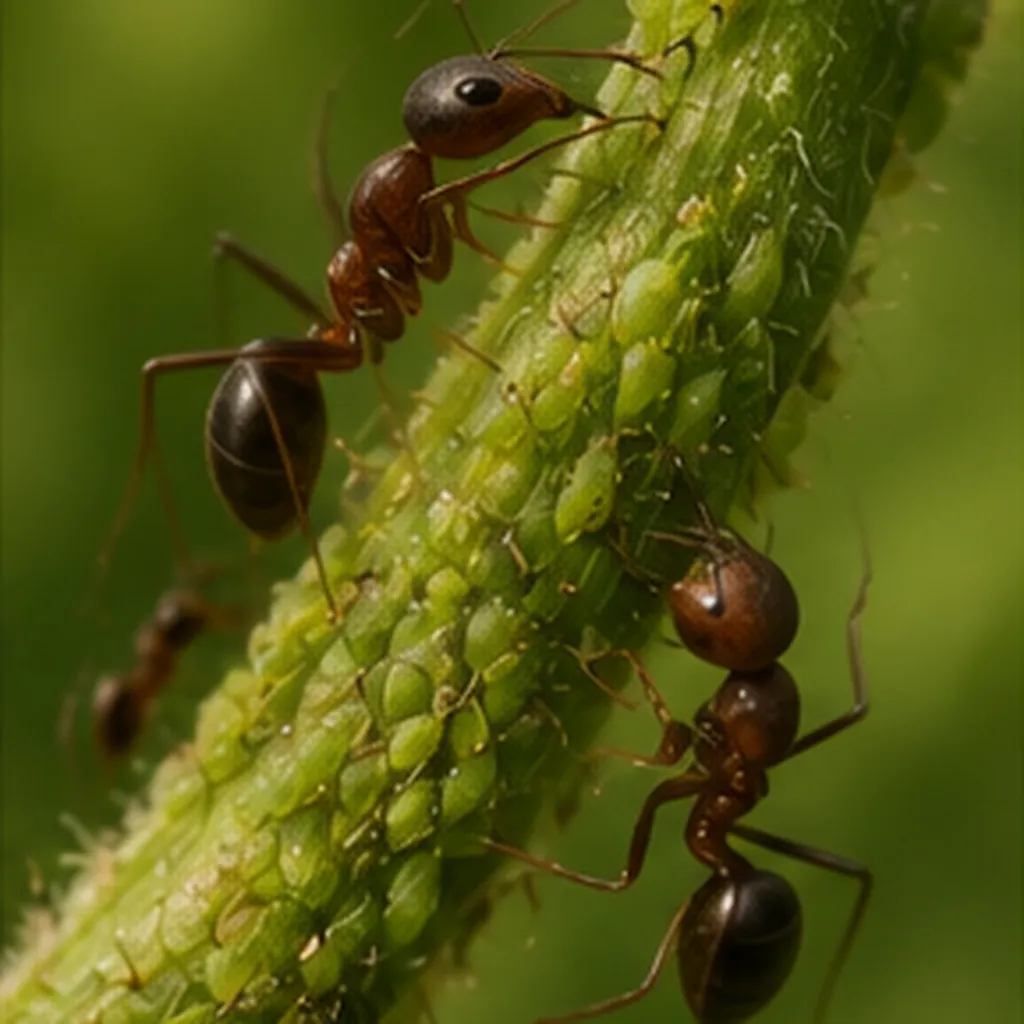Illustration of ants farm tiny aphids for the question "How do ants farm tiny aphids?"