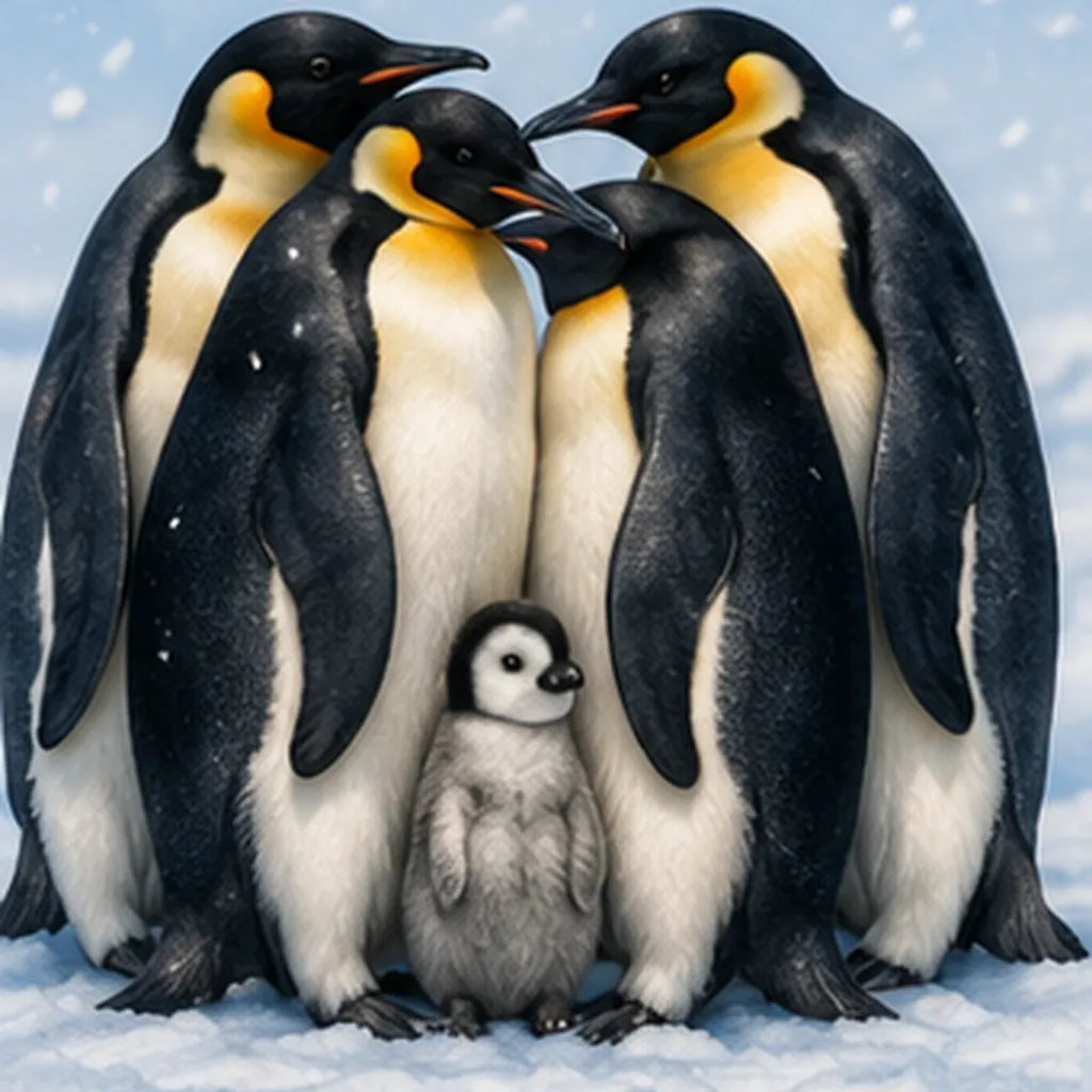 Illustration of penguins huddle together for the question "Why do penguins huddle together?"