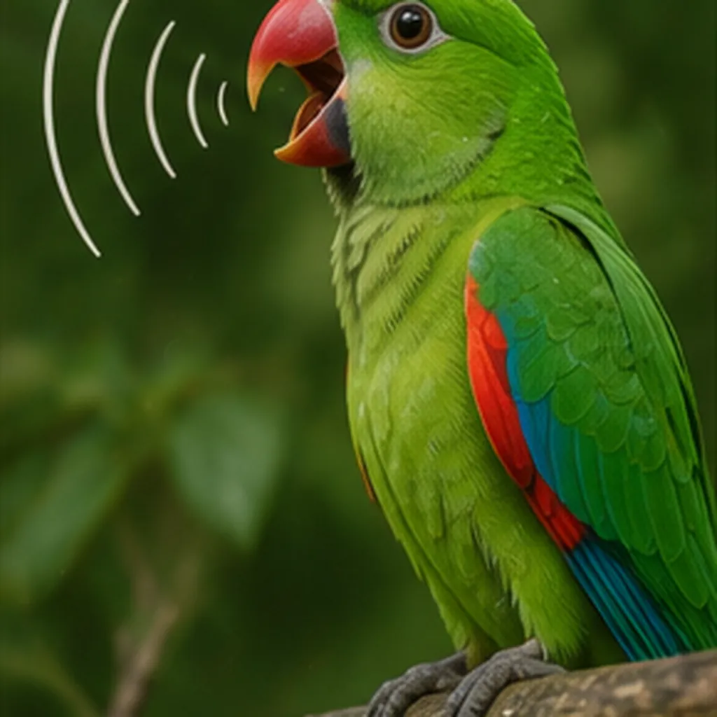 Illustration of parrots copy sounds for the question "Why do parrots copy sounds?"