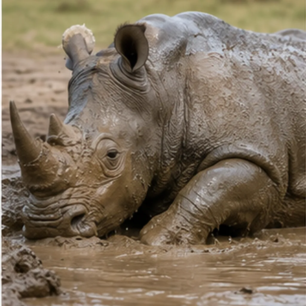Illustration of rhinos love rolling around in mud for the question "Why do rhinos love rolling around in mud?"