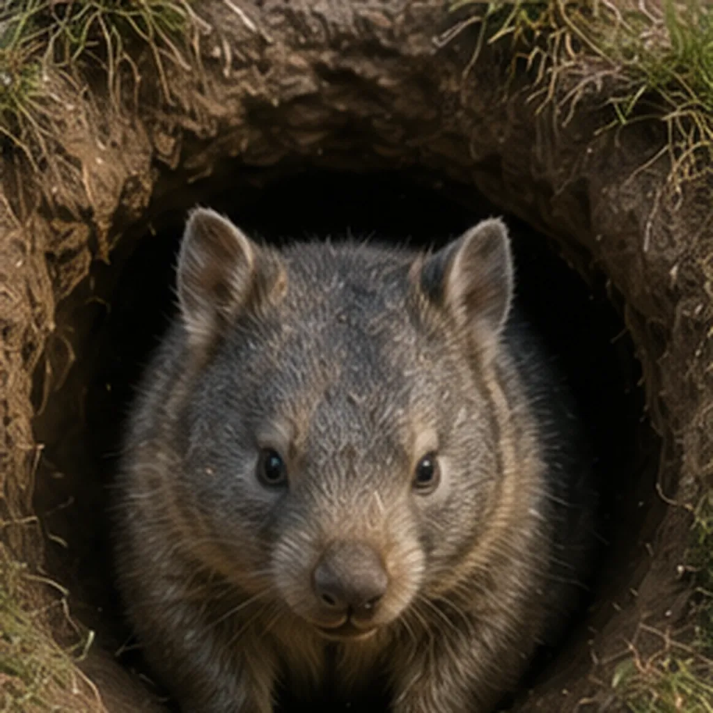 Illustration of wombats build underground homes for the question "Why do wombats build underground homes?"
