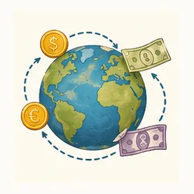 Illustration of money travel around the world for the question "How does money travel around the world?"