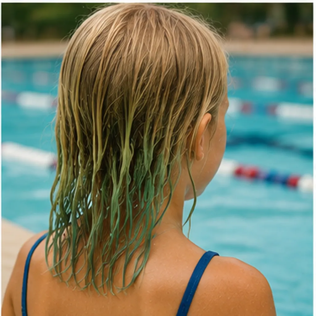 Illustration of swimming a lot turn light-coloured hair a bit greenish for the question "Why can swimming a lot turn light-coloured hair a bit greenish?"