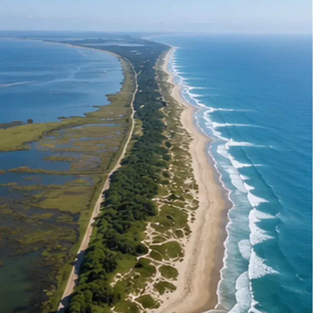 Illustration of the long thin sandy islands that protect the coast behind them for the question "What are the long thin sandy islands that protect the coast behind them?"