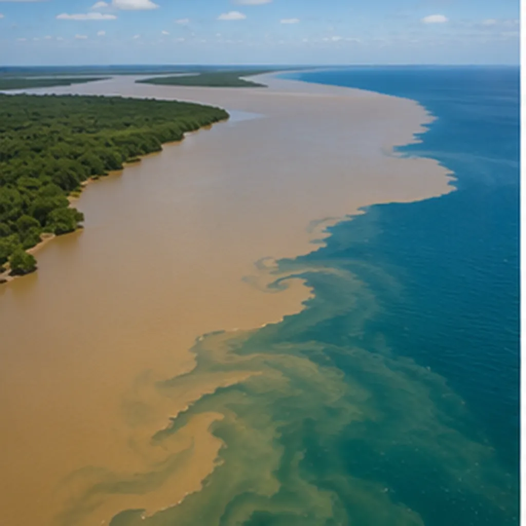 Illustration of happens where a river's fresh water meets the salty sea for the question "What happens where a river's fresh water meets the salty sea?"