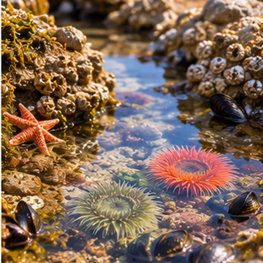 Illustration of tiny sea creatures survive being stranded in a rock pool at low tide for the question "How do tiny sea creatures survive being stranded in a rock pool at low tide?"