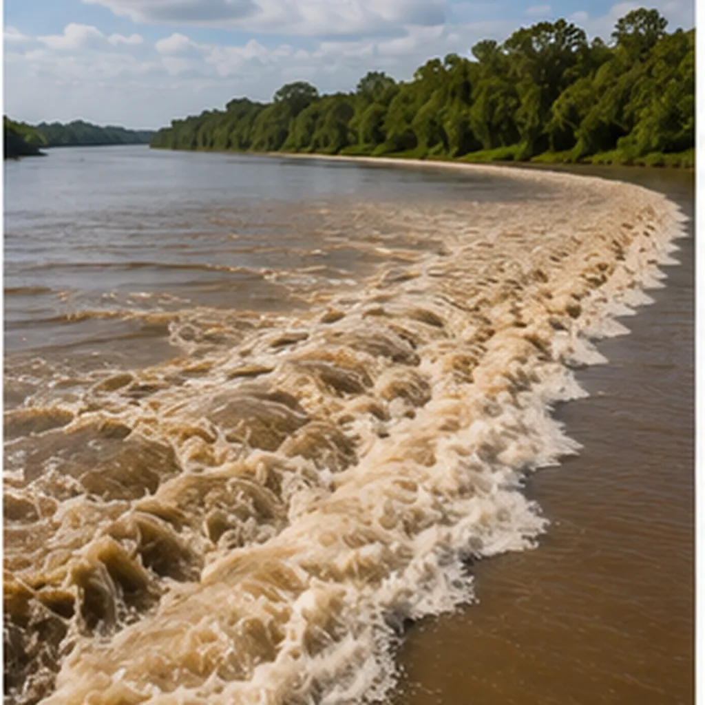 Illustration of a rising tide turn into a wave that travels up a river for the question "How can a rising tide turn into a wave that travels up a river?"