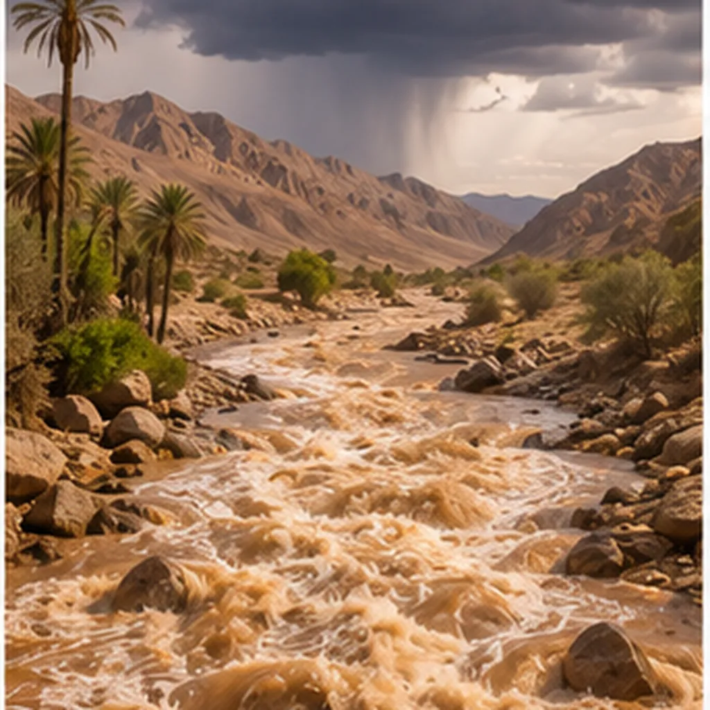 Illustration of a bone-dry desert valley suddenly fill with a raging flood for the question "How can a bone-dry desert valley suddenly fill with a raging flood?"