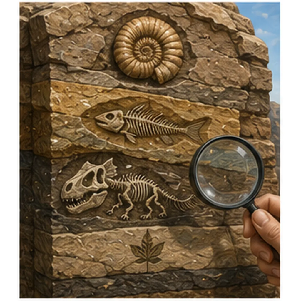 Illustration of fossils tell the story of life for the question "How do fossils tell the story of life?"