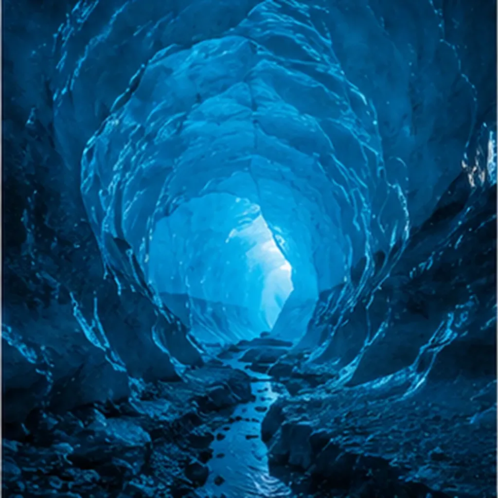 Illustration of caves inside glaciers glow an eerie blue for the question "Why do caves inside glaciers glow an eerie blue?"