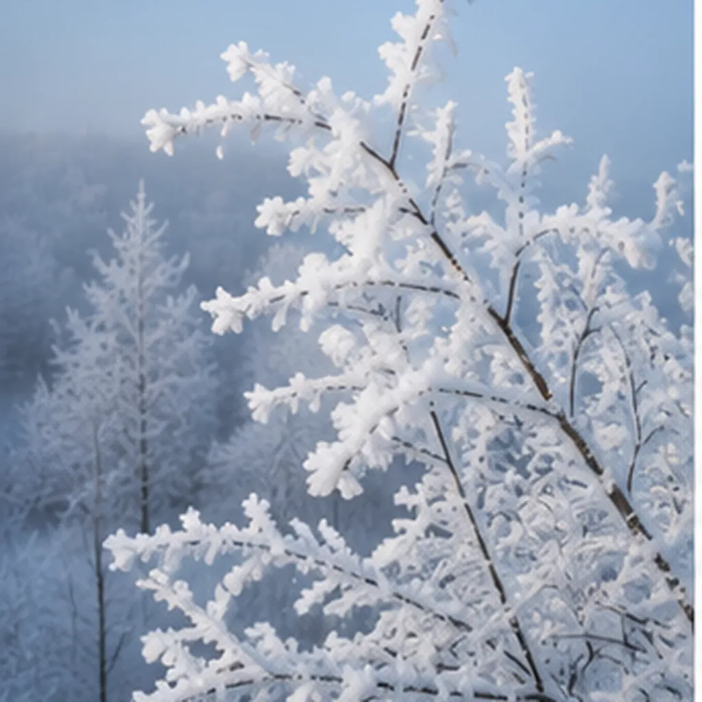 Illustration of fog turn tree branches into white frozen feathers for the question "How does fog turn tree branches into white frozen feathers?"