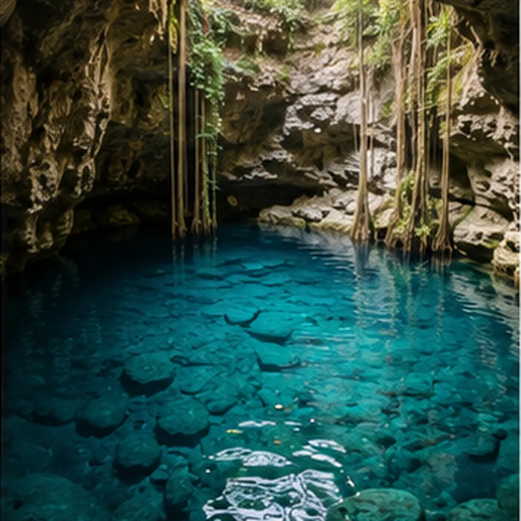Illustration of the water in a cenote pool so clear and blue for the question "Why is the water in a cenote pool so clear and blue?"