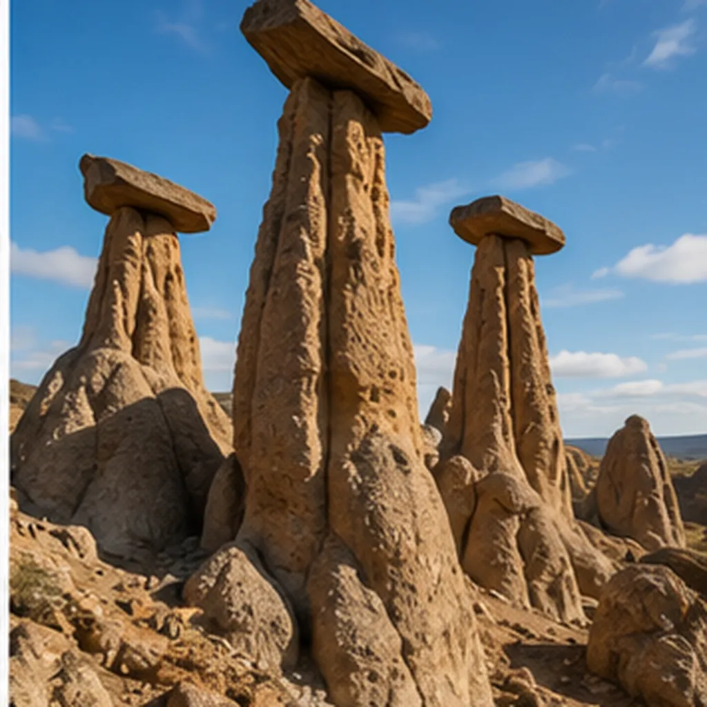 Illustration of some desert rocks look like tall skinny towers with hats on top for the question "Why do some desert rocks look like tall skinny towers with hats on top?"