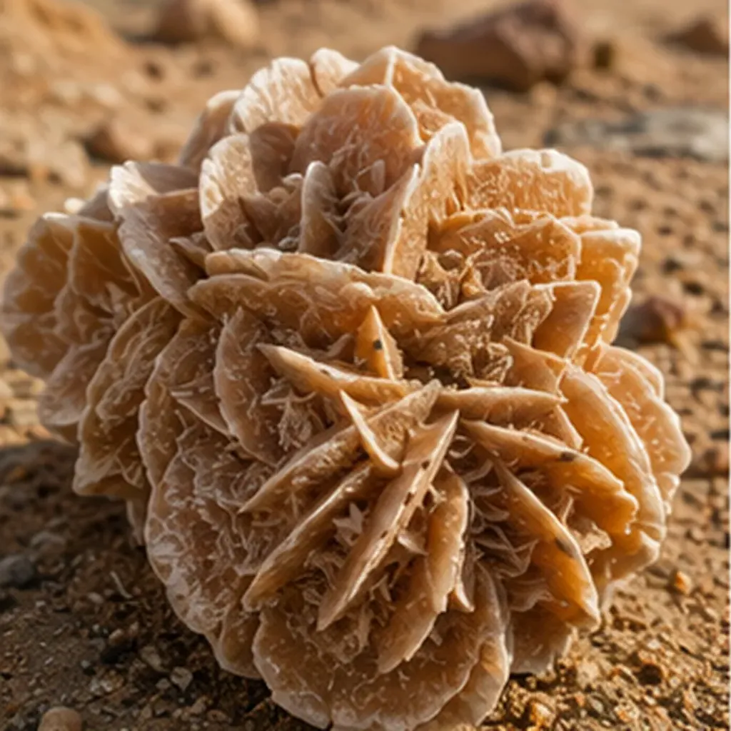 Illustration of a mineral grow into a shape like a stone flower in the desert for the question "How does a mineral grow into a shape like a stone flower in the desert?"