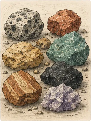 Illustration of rocks come in different colours for the question "Why do rocks come in different colours?"