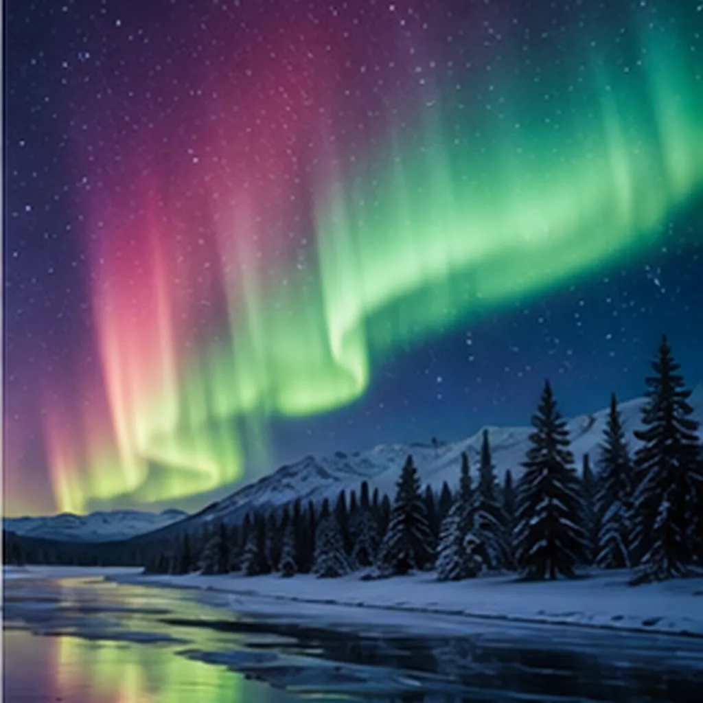 Illustration of the sky glow green and pink near the north pole for the question "Why does the sky glow green and pink near the North Pole?"