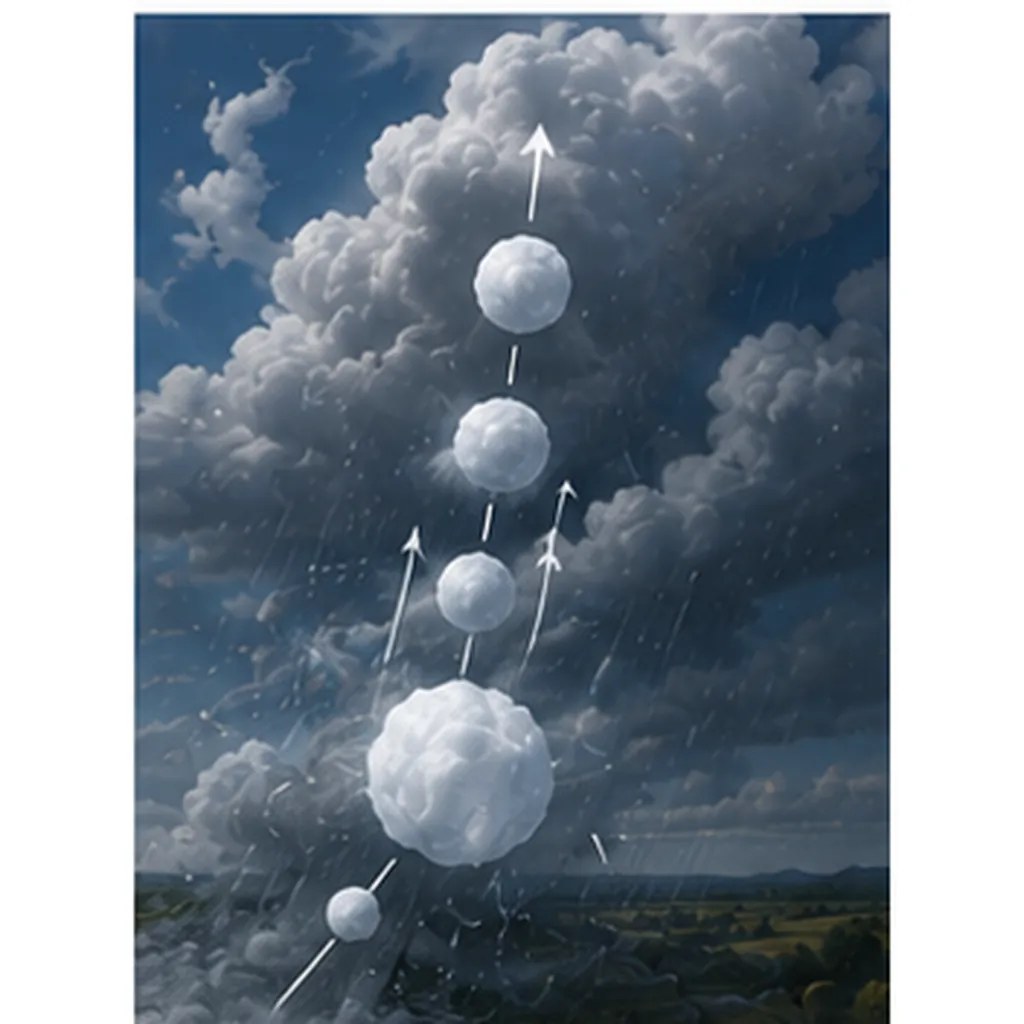 Illustration of storms make hailstones bigger and bigger for the question "How do storms make hailstones bigger and bigger?"
