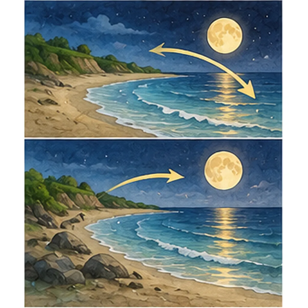 Illustration of the sea move in and out each day for the question "Why does the sea move in and out each day?"
