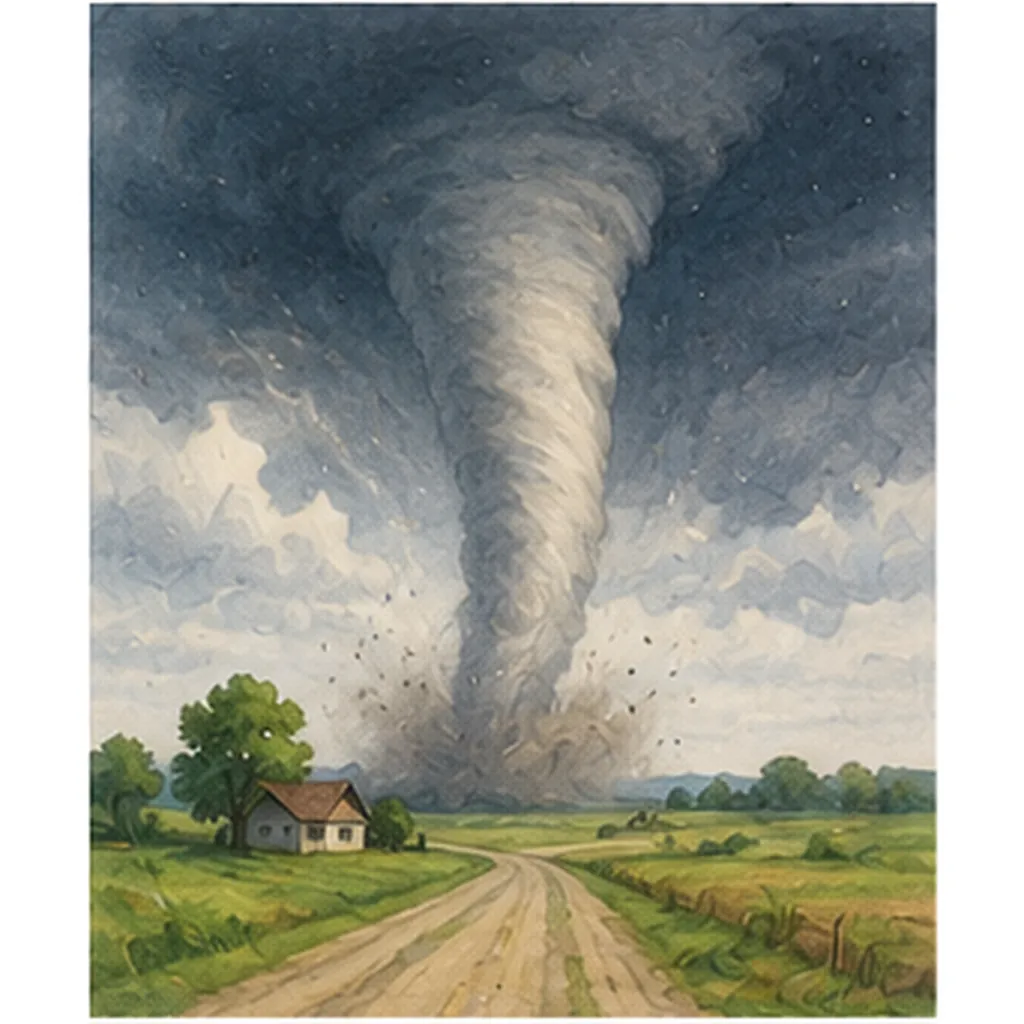 Illustration of tornadoes spin like funnels for the question "Why do tornadoes spin like funnels?"