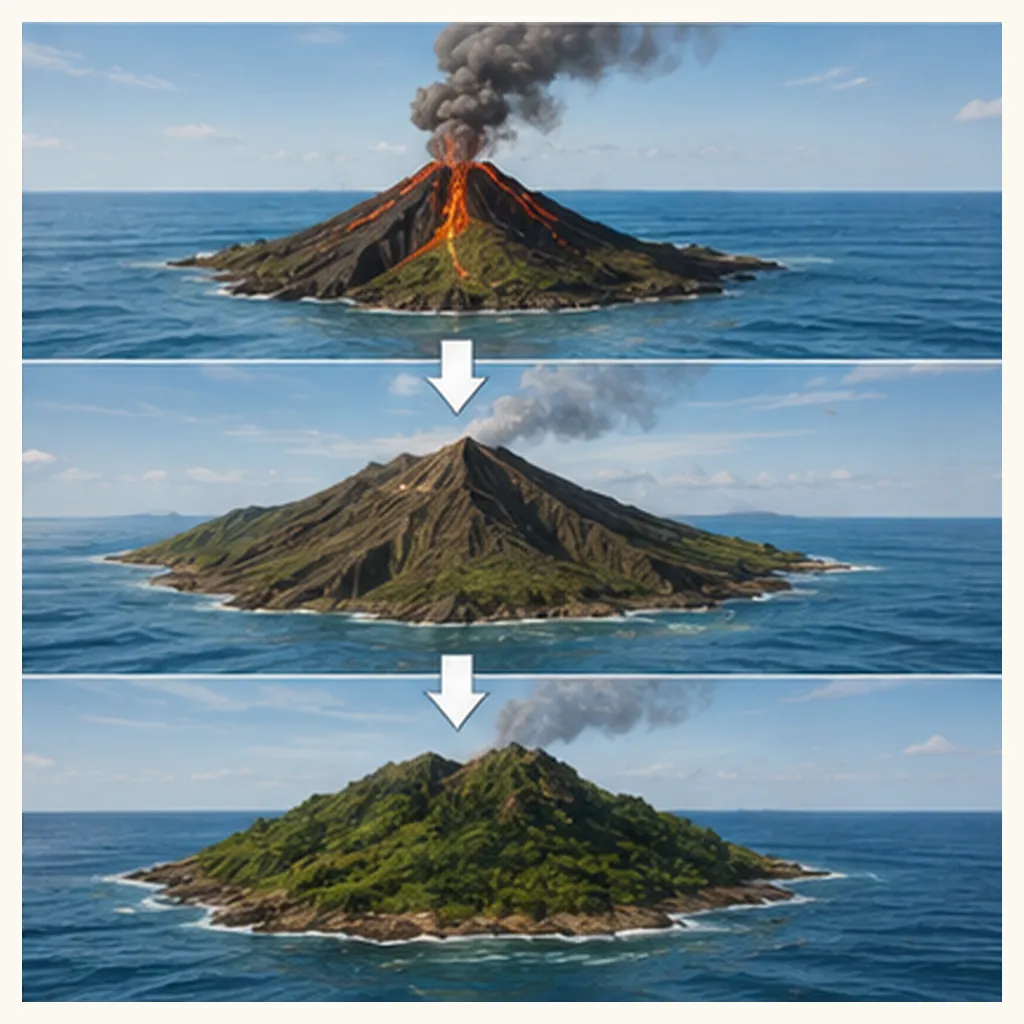 Illustration of volcanoes make islands for the question "How do volcanoes make islands?"