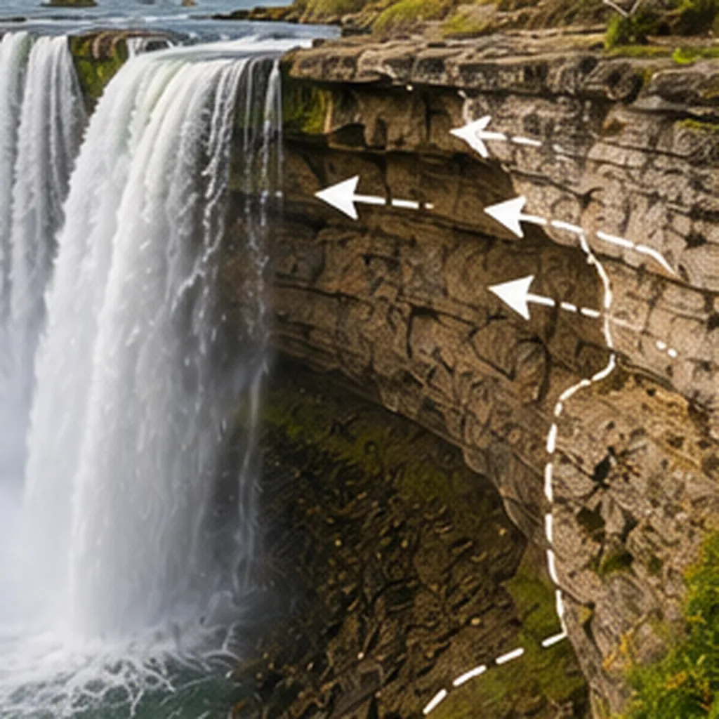 Illustration of waterfalls slowly move backwards for the question "How do waterfalls slowly move backwards?"