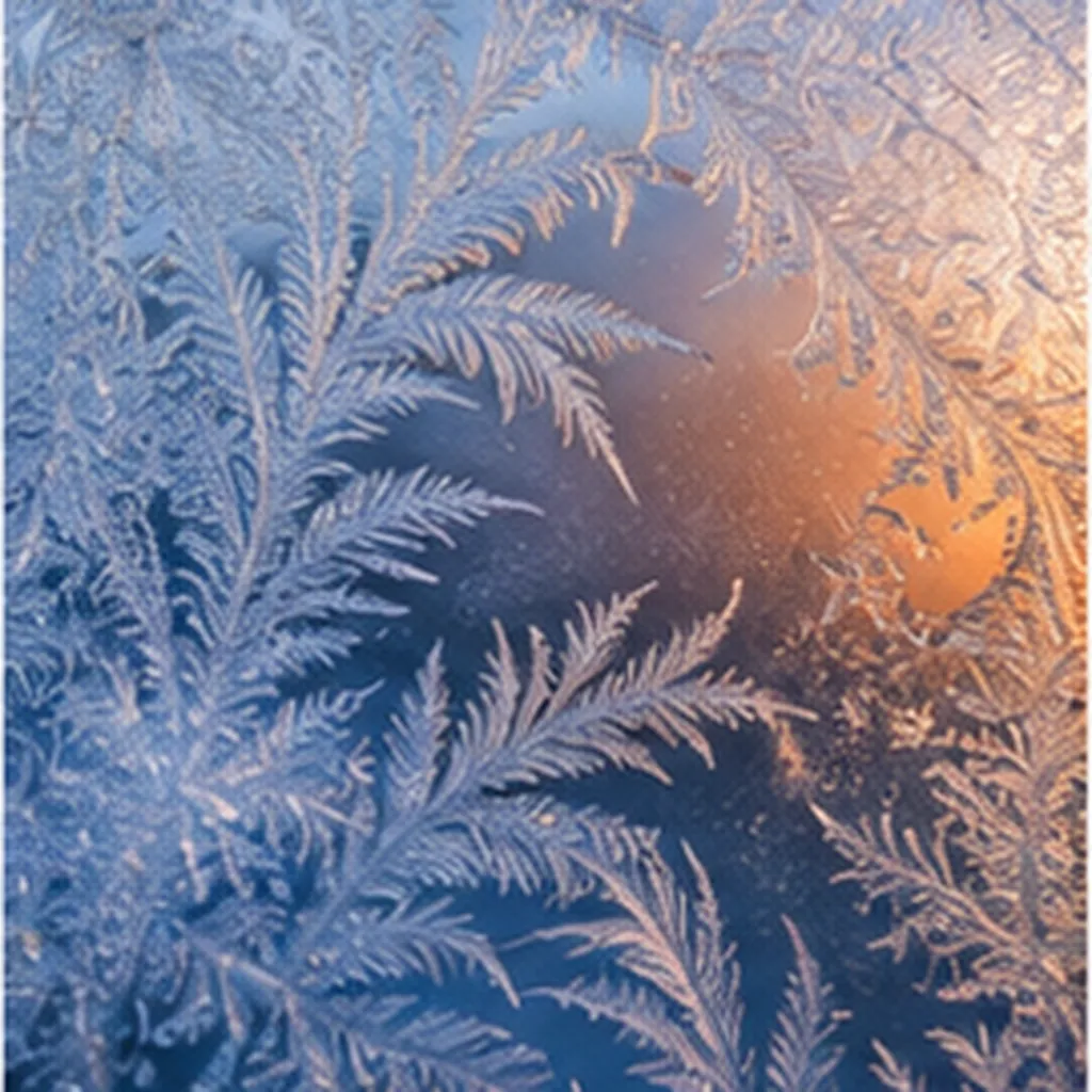 Illustration of frost draw feathery patterns on cold windows for the question "Why does frost draw feathery patterns on cold windows?"