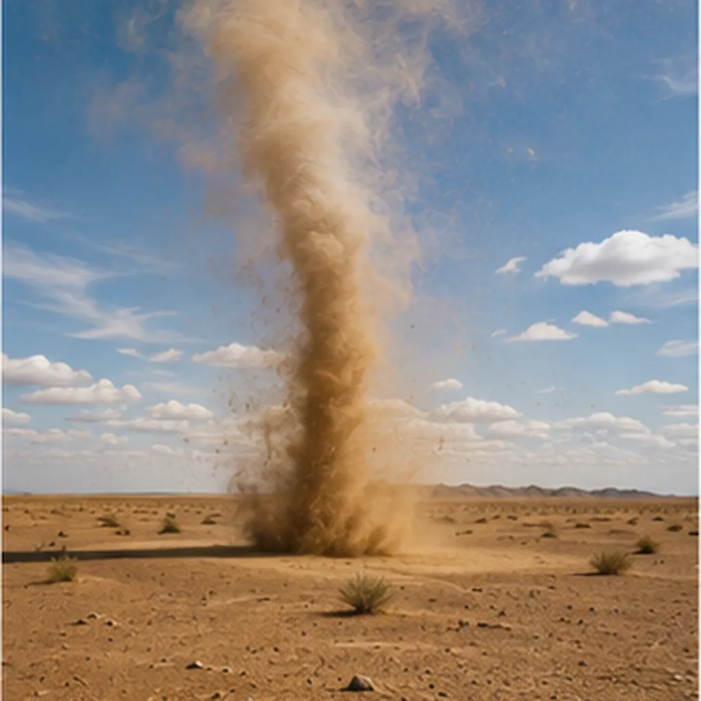 Illustration of a tiny spinning dust devil form on a hot day for the question "How does a tiny spinning dust devil form on a hot day?"
