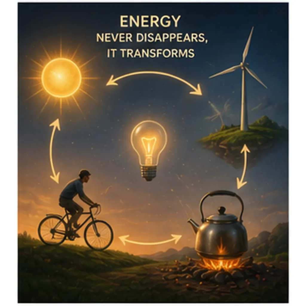 Illustration of energy never truly disappear for the question "Why does energy never truly disappear?"