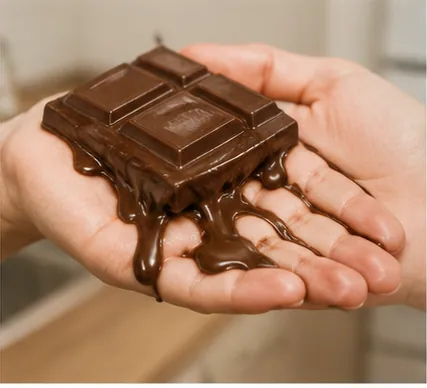 Illustration of chocolate melt in your hand for the question "Why does chocolate melt in your hand?"