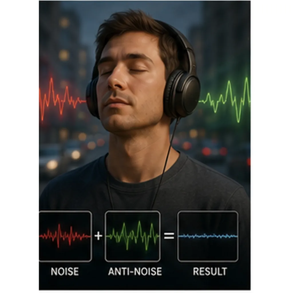 Illustration of noise-cancelling headphones quiet the world for the question "How do noise-cancelling headphones quiet the world?"