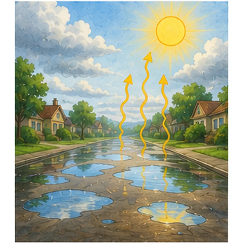 Illustration of puddles disappear after rain for the question "Why do puddles disappear after rain?"