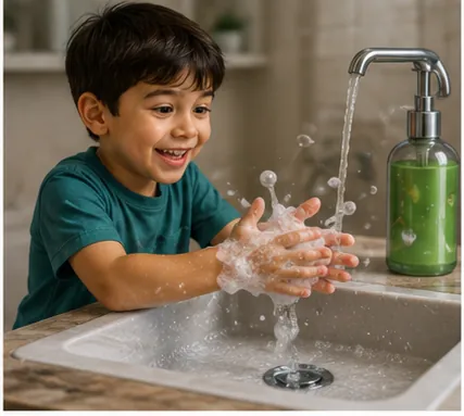 Illustration of soap clean our hands for the question "How does soap clean our hands?"