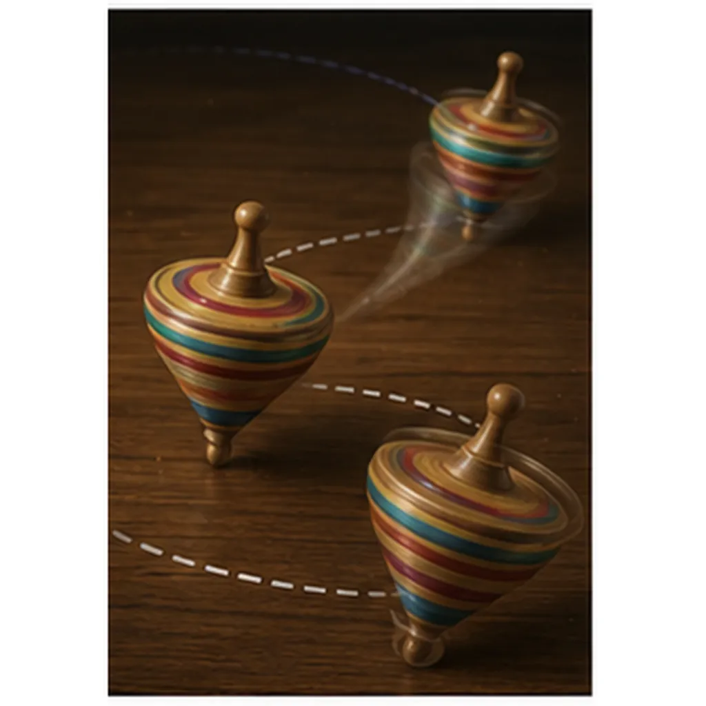 Illustration of spinning tops wobble before falling for the question "Why do spinning tops wobble before falling?"