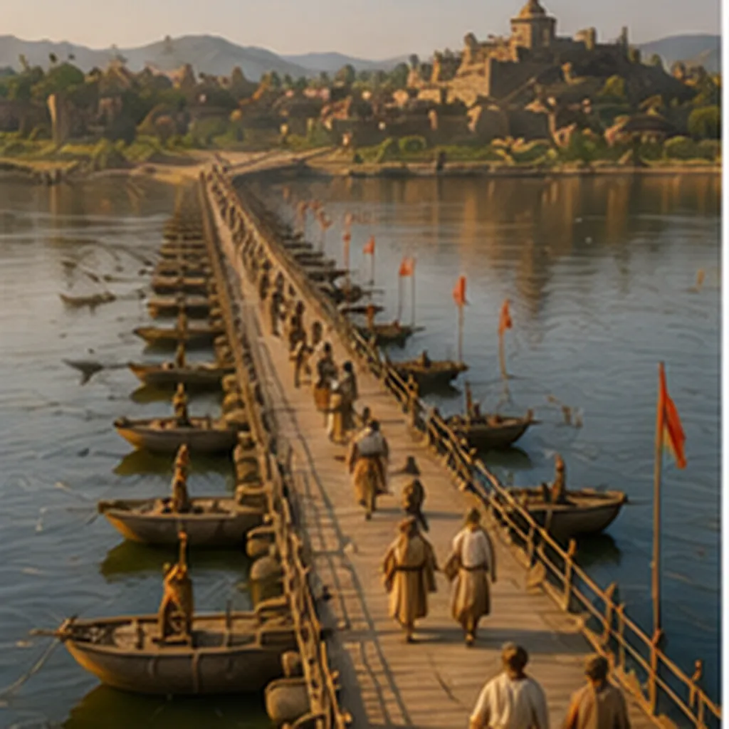 Illustration of ancient people build floating bridges for the question "Why did ancient people build floating bridges?"