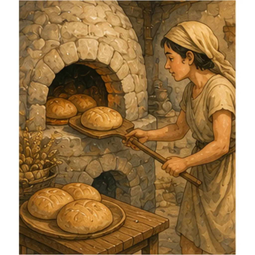 Illustration of people bake bread long ago for the question "Why did people bake bread long ago?"