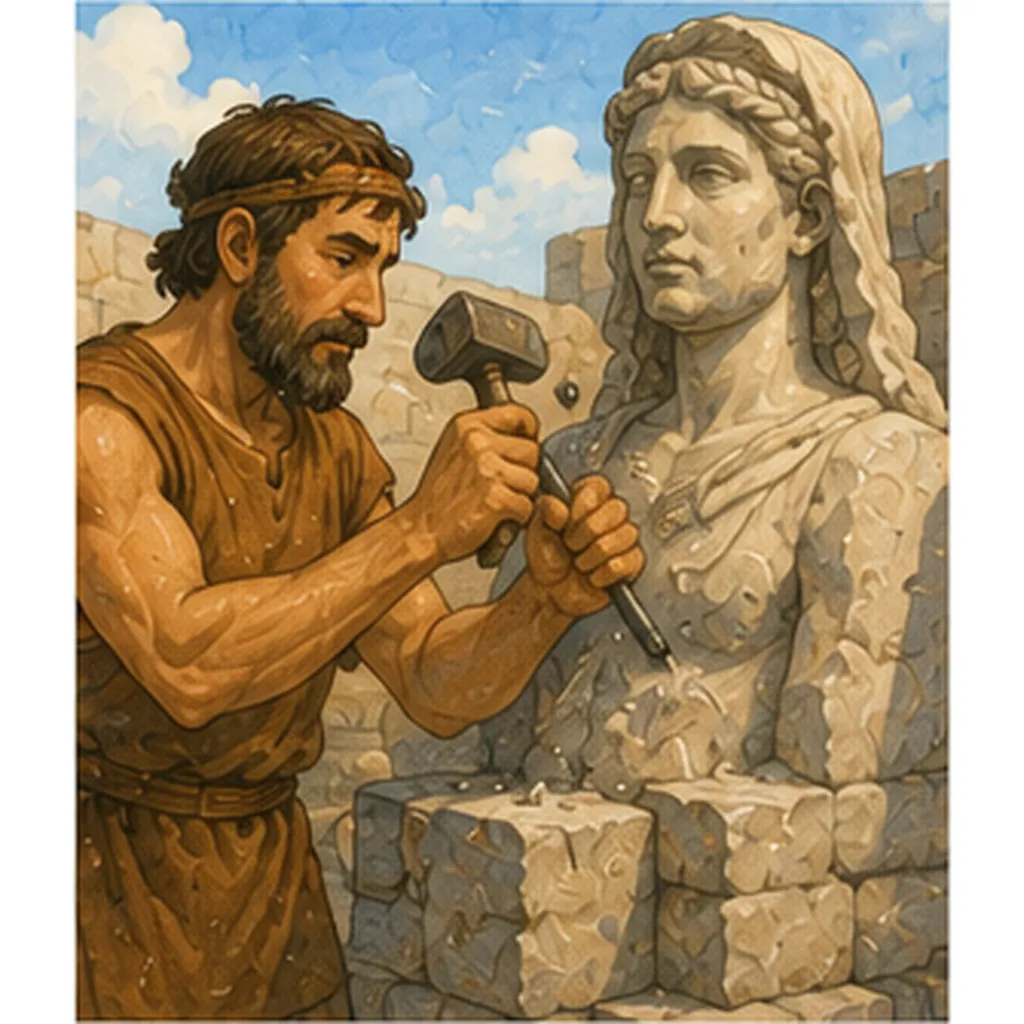 Illustration of people carve statues from stone for the question "Why did people carve statues from stone?"