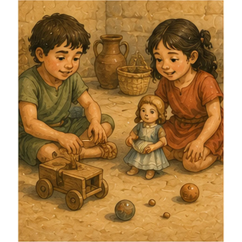 Illustration of children play with simple toys long ago for the question "Why did children play with simple toys long ago?"