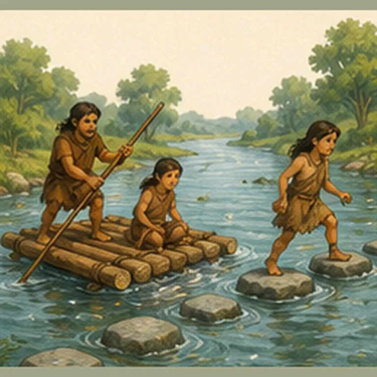 Illustration of people cross rivers before bridges for the question "How did people cross rivers before bridges?"