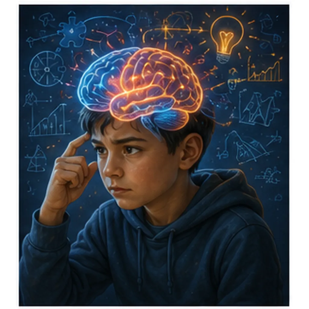 Illustration of the brain solve hard problems for the question "How does the brain solve hard problems?"