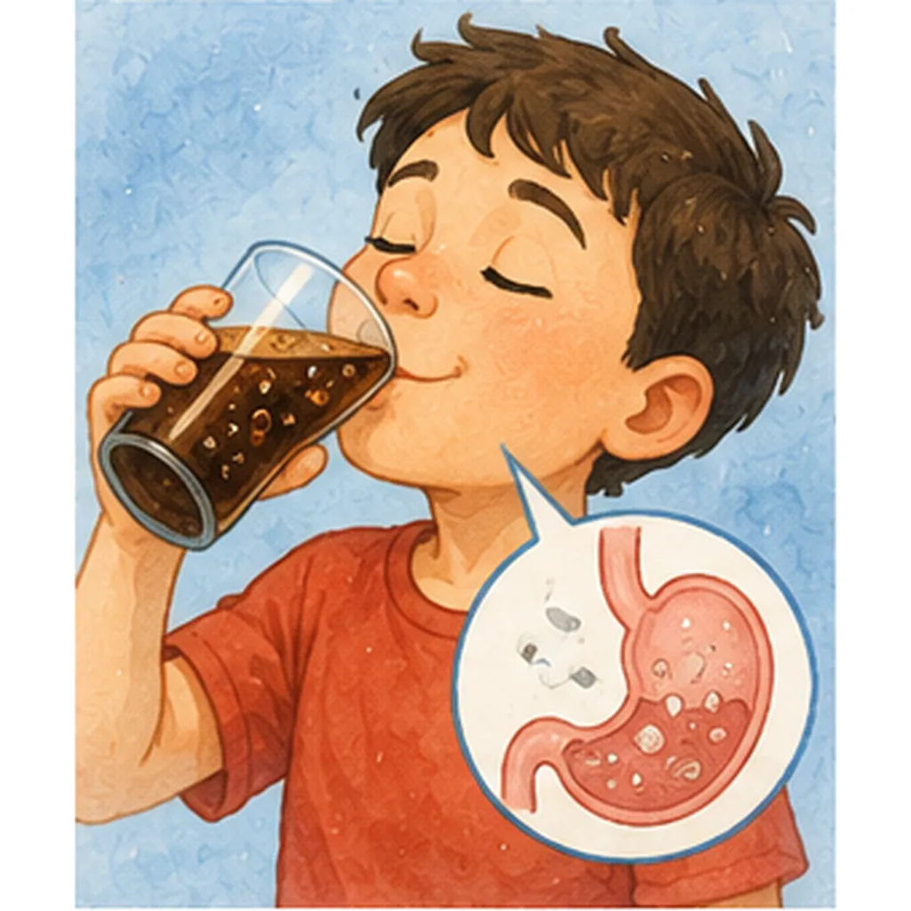 Illustration of we burp after fizzy drinks for the question "Why do we burp after fizzy drinks?"