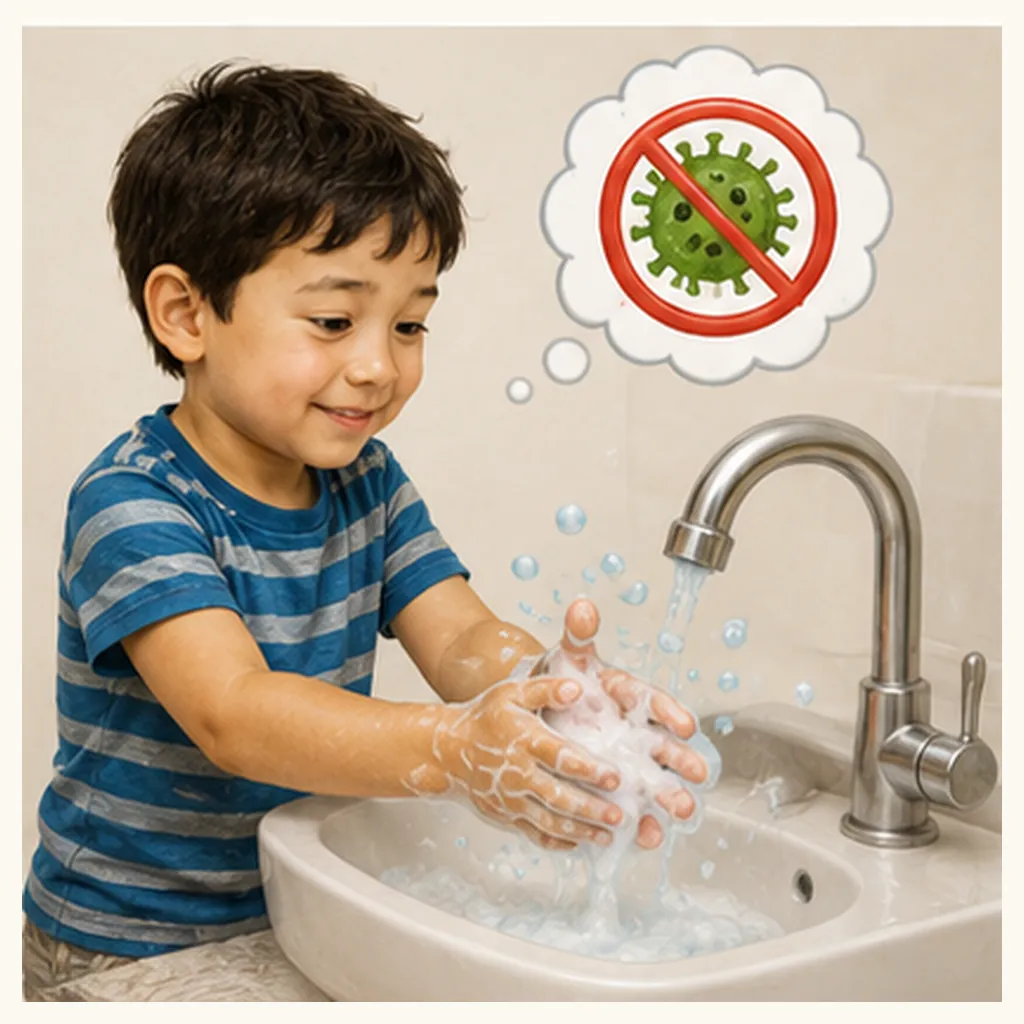 Illustration of we wash our hands for the question "Why do we wash our hands?"