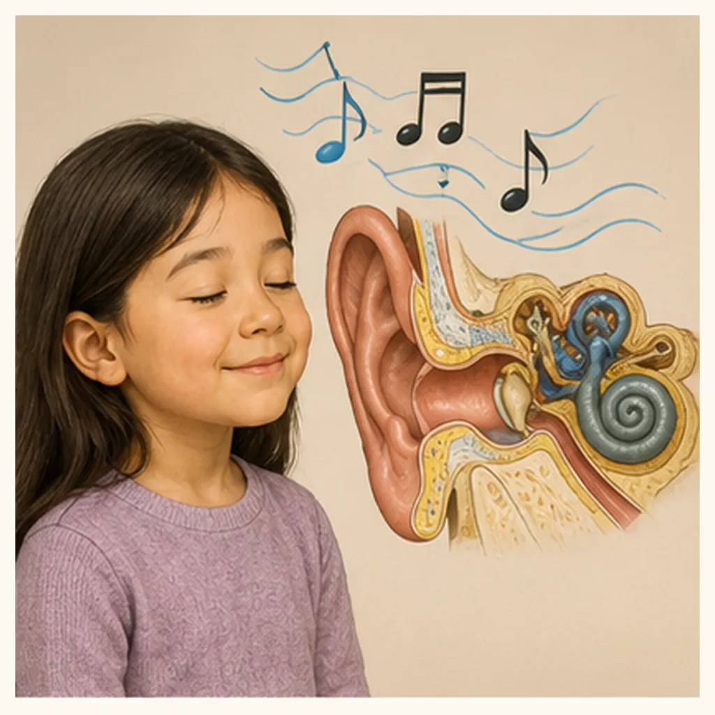 Illustration of ears hear music for the question "How do ears hear music?"