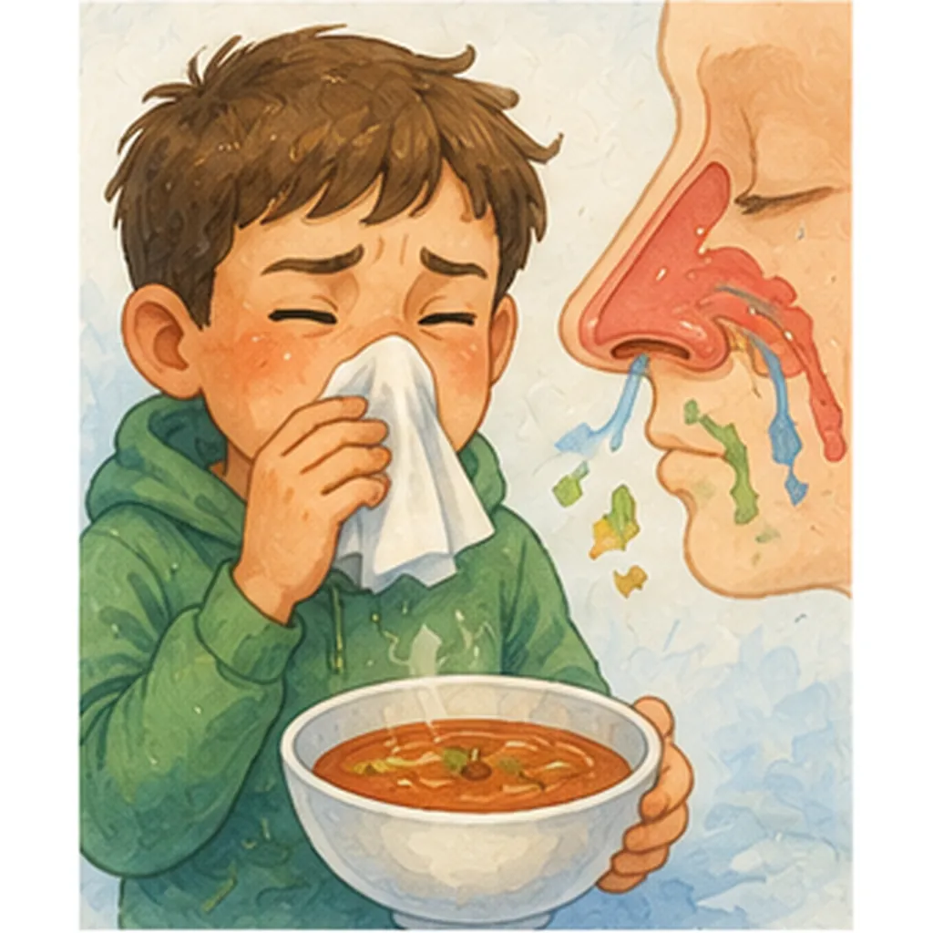 Illustration of food taste different when your nose is blocked for the question "Why does food taste different when your nose is blocked?"
