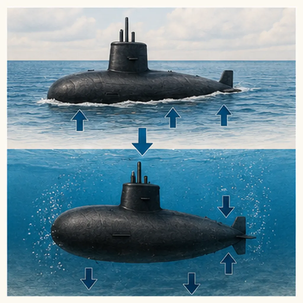 Illustration of submarines go underwater for the question "How do submarines go underwater?"