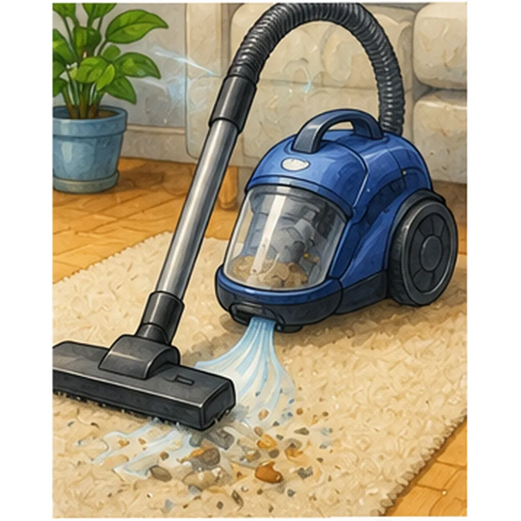 Illustration of vacuum cleaners suck up dust for the question "How do vacuum cleaners suck up dust?"