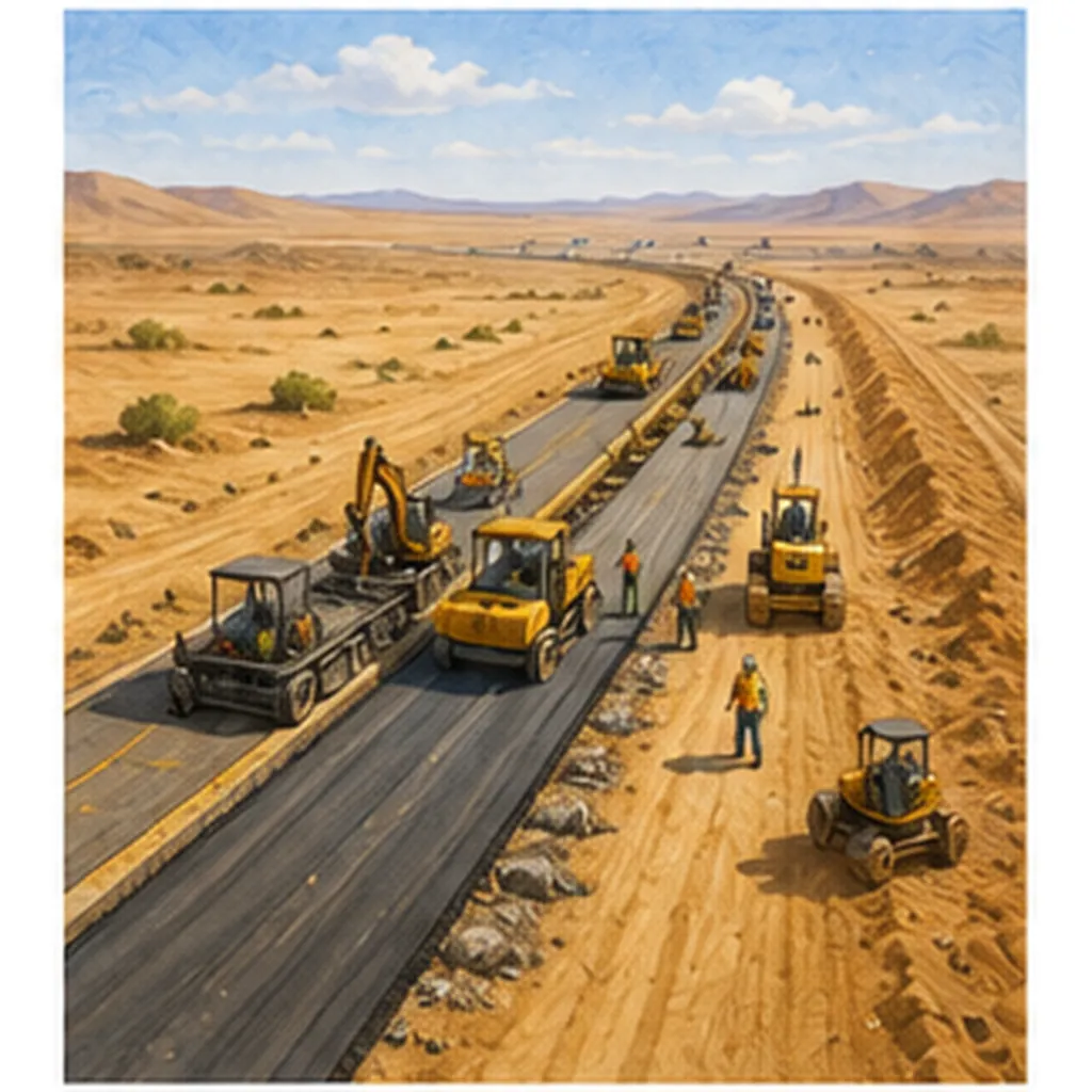 Illustration of people build roads across deserts for the question "How do people build roads across deserts?"