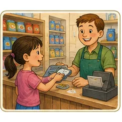 Illustration of people use money in shops for the question "Why do people use money in shops?"