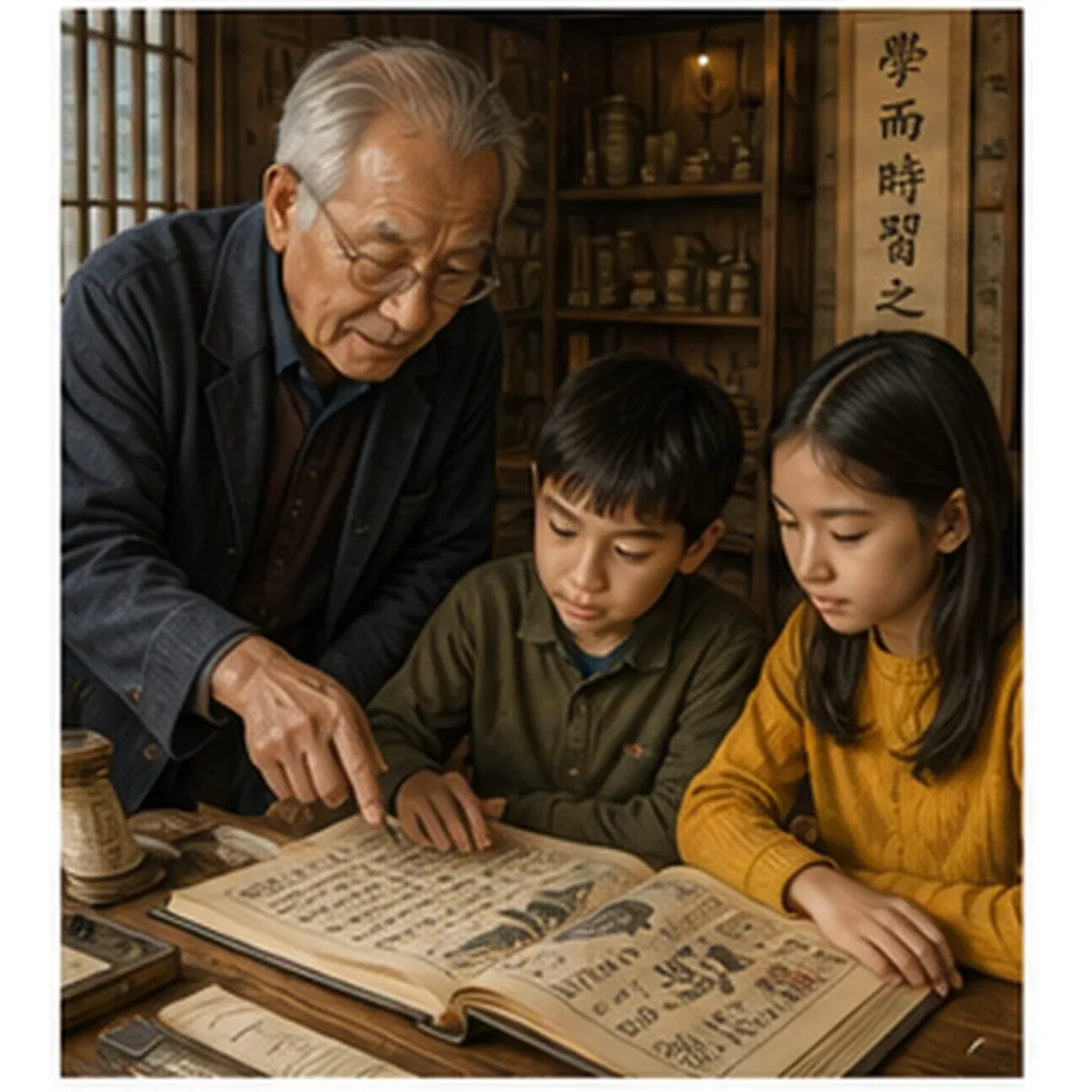 Illustration of people share knowledge across generations for the question "How do people share knowledge across generations?"