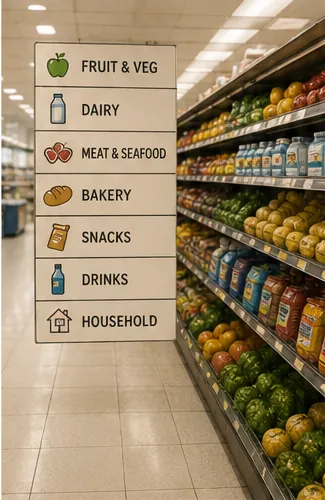 Illustration of supermarkets organise food for the question "How do supermarkets organise food?"