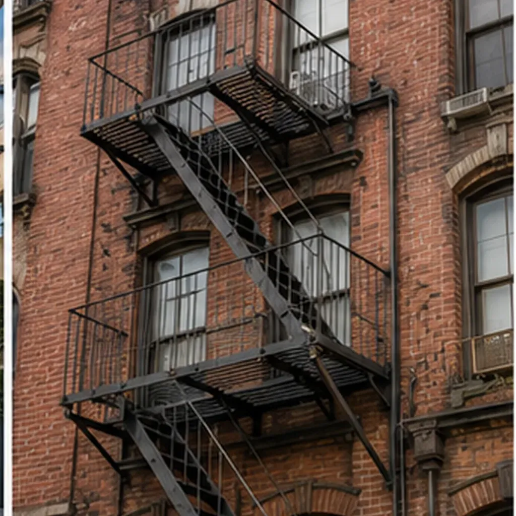 Illustration of old buildings often have a metal staircase zigzagging down the outside for the question "Why do old buildings often have a metal staircase zigzagging down the outside?"